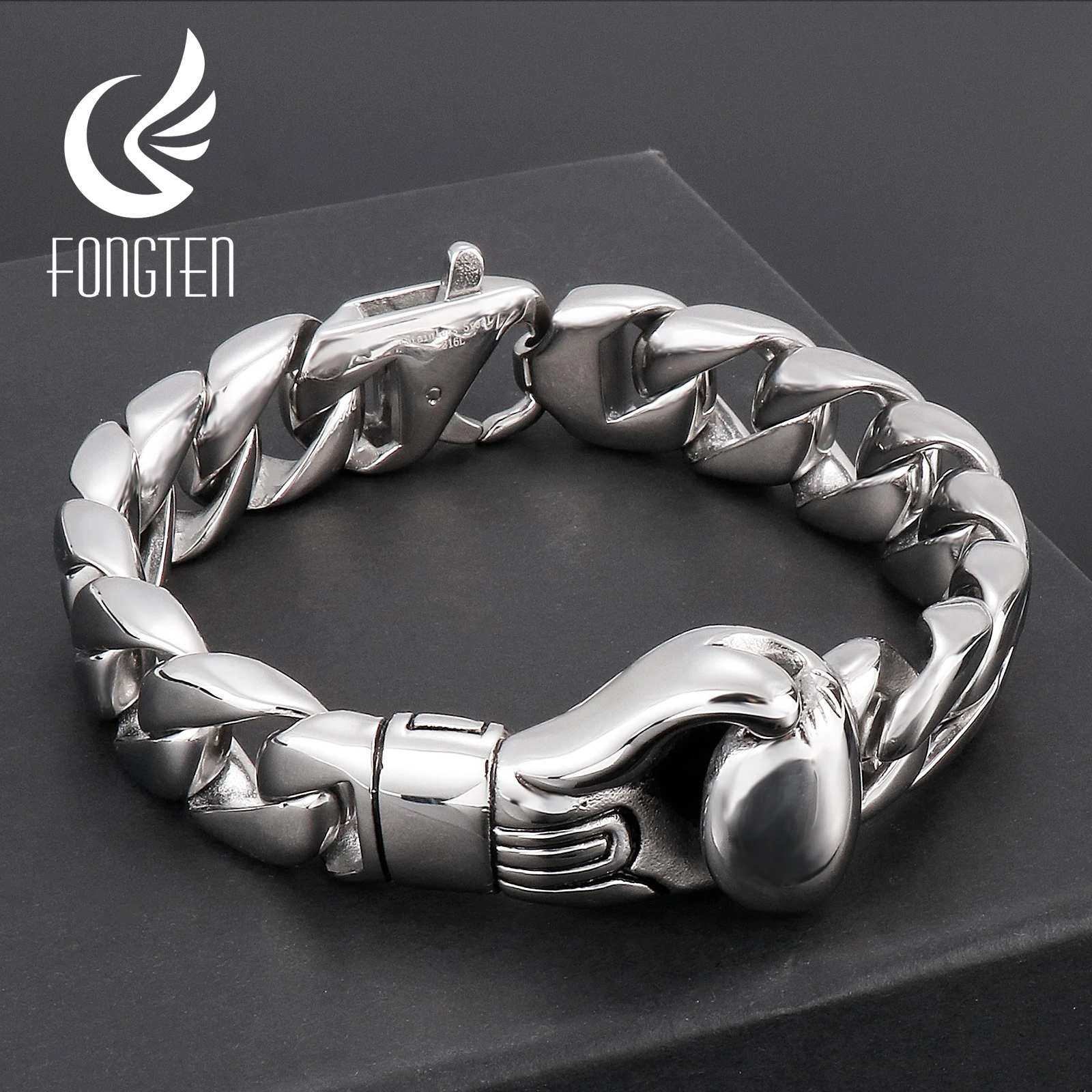 Fongten Boxing Gloves Design Curb Cuban Link Chain Men Bracelet Silver Color Stainless Steel Punk Male Bangle Fashion  Jewelry
