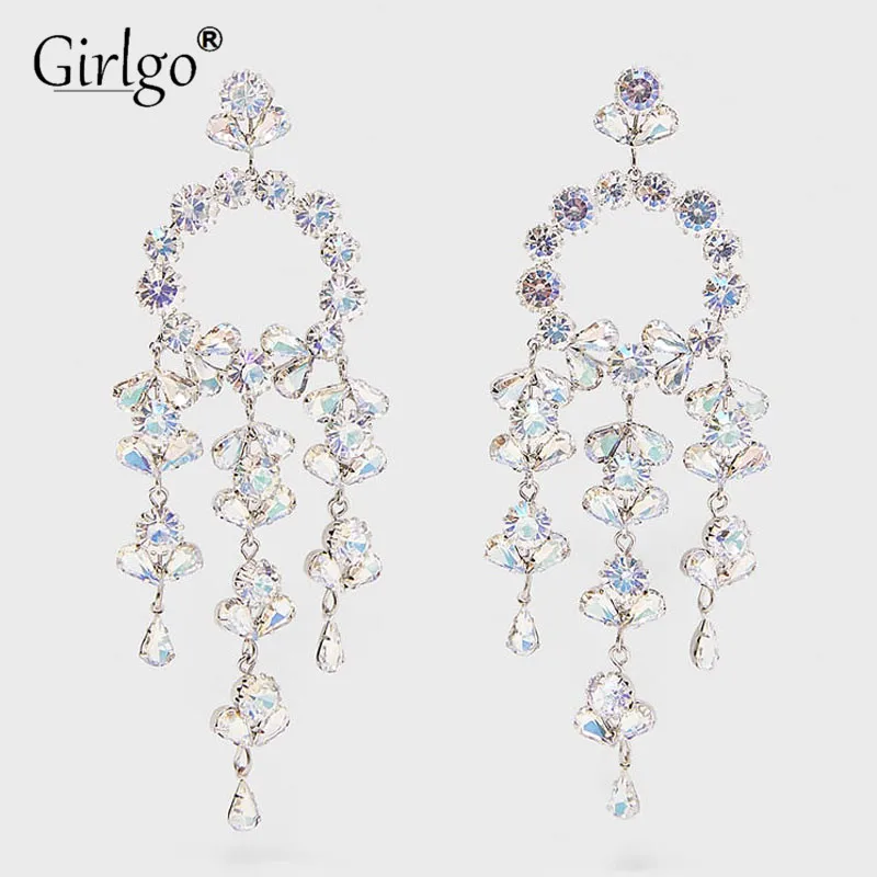 Girlgo ZA модные длинные висячие AB Цвет Кристалл Висячие серьги для женщин Boho большие круглые яркие серьги украшения вечерние подарки