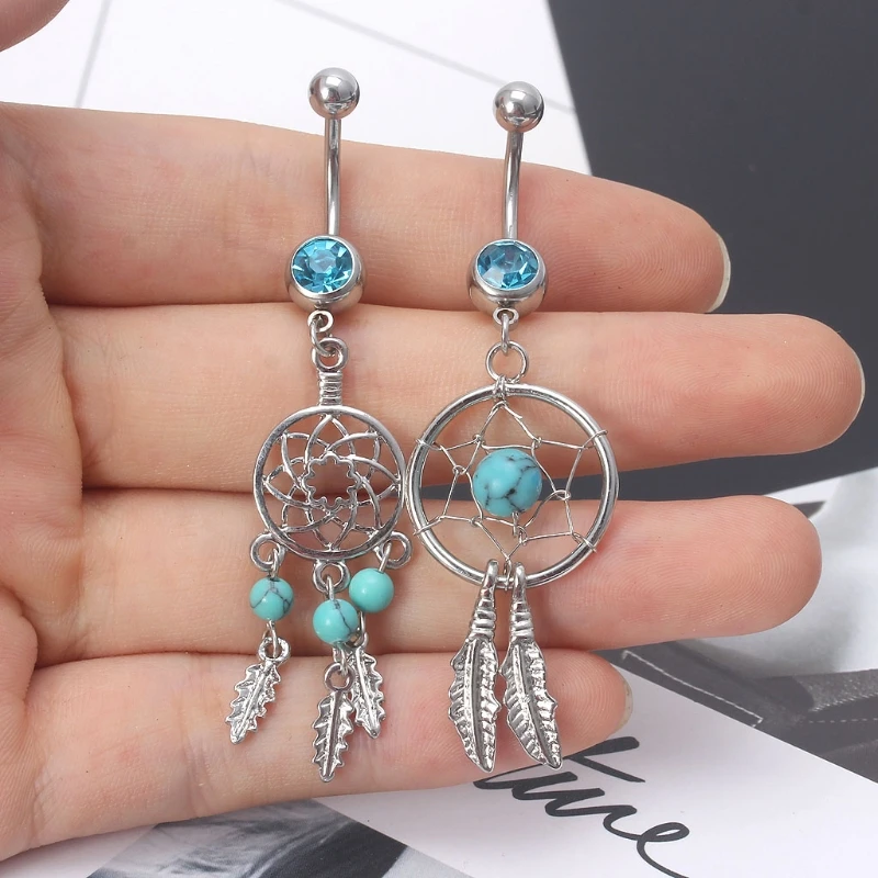 

5PCs Blue Gem Dream Catcher Dangle Belly Button Ring Navel Piercing Body Jewelry W0YA