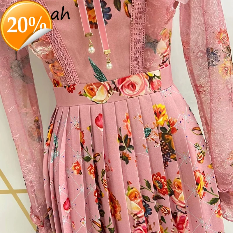 

New 2021 Women Summer Fashion Landing Track Party Midi Dress Long Arm Rugs Top Floral Printed Women's Wearing