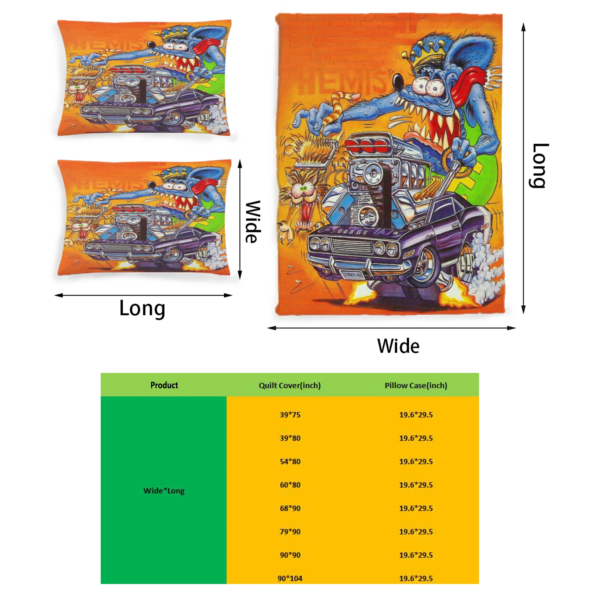 

Rat Fink Graphic Printed Bedding Set Pattern Printing Polyester Quilt Cover Set 3 Pieces Quilt Cover Pillow Cover Set