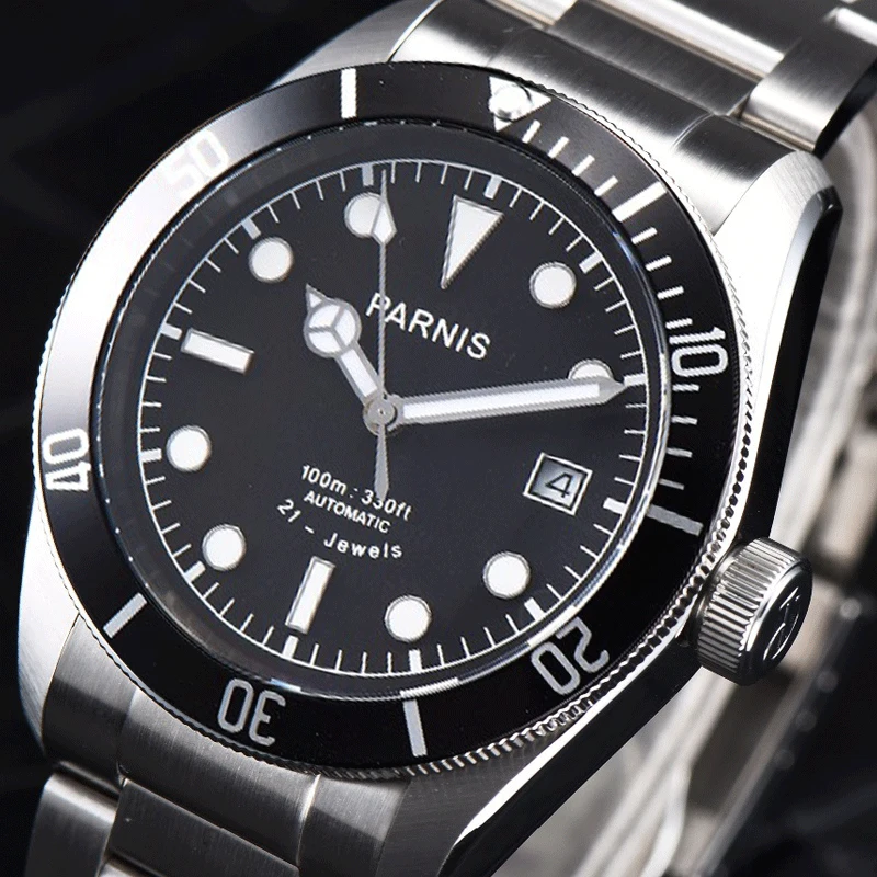 

Luxury Brand Men's Watch Parnis 41mm black dial super luminous 8215 Automatic Mechanical mens Watches Wrist Watch