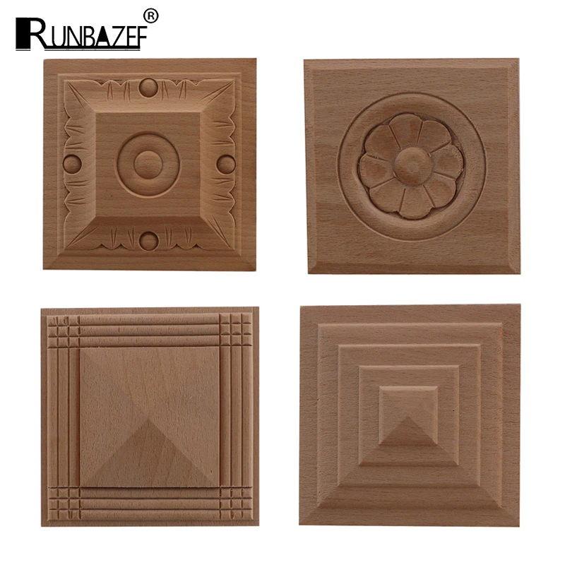 

RUNBAZEF European Decal Square Solid Round Door Heart Flower Furniture Decoration Accessories Carved Walls Wood Applique Onlay