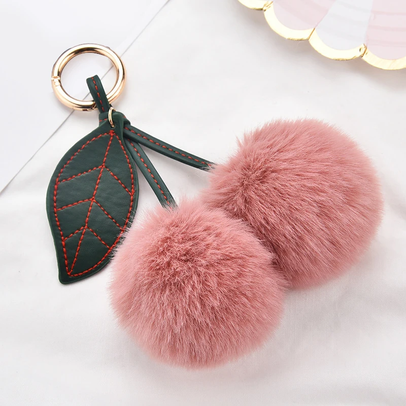

Cute Cherry Balls Pompoms Keychain For Women Trinket Key Chains Ring Car Bag Pendent Charm Accessories Key Chain Ring Hot Sale
