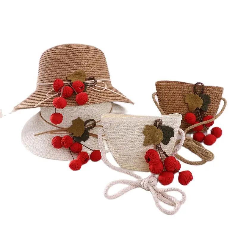 

NEW Summer baby casual lantern straw hat and bags children kids girl 2pcs set fruit strawberry sun hat and Shoulder bag beach