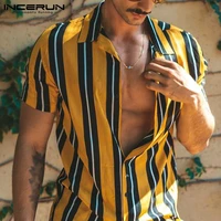 short sleeve turn down collar blouse incerun mens fashion striped shirts man summer hawaiian beach streak shirts streetwear 3xl