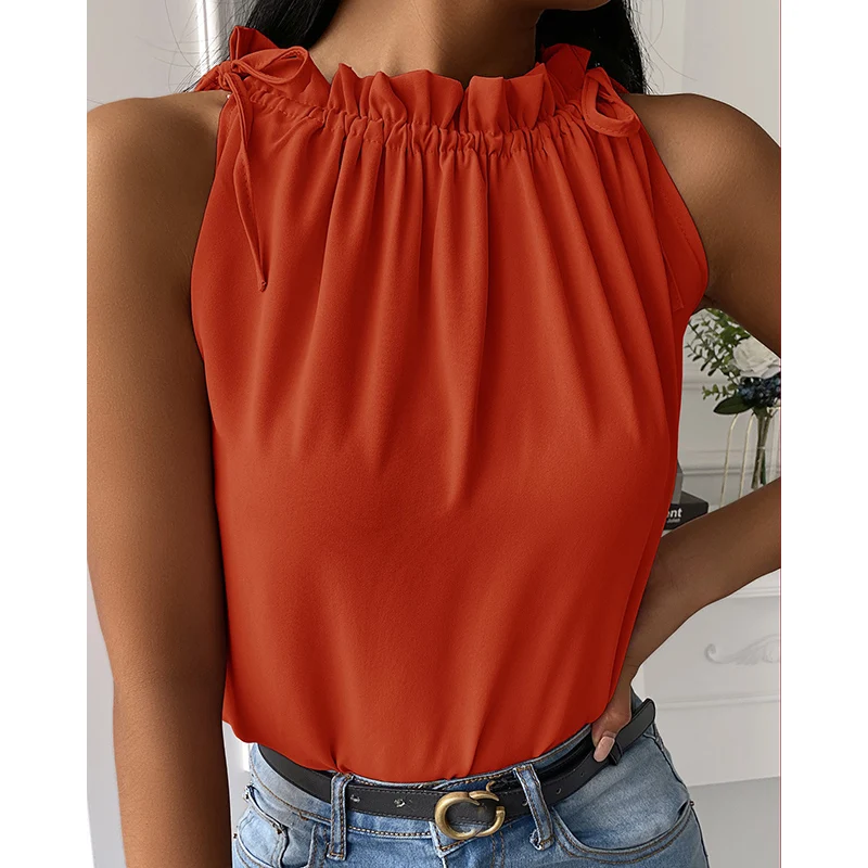 

Summer Women Sexy Casual Solid Vintage Tank T-shirt Ladies High Neck Sleeveless Elegant Pullover Vest Shirt Streewear