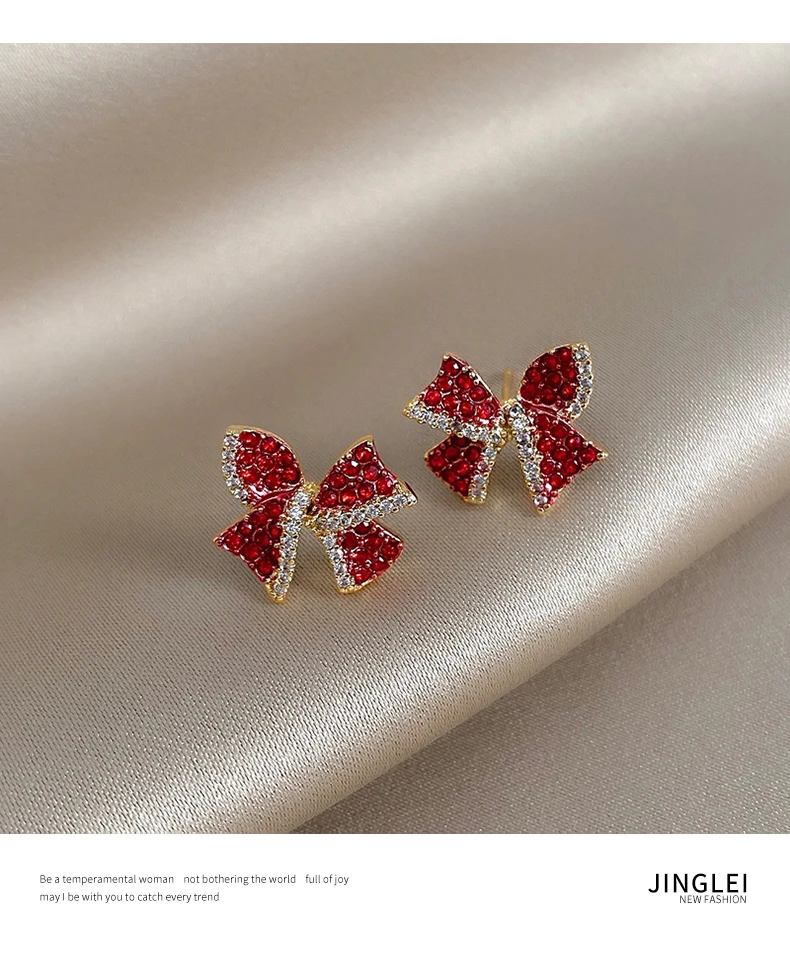 

New Sexy Red Stone Bow Stud Earrings for Woman New Korean Fashion Jewelry Unusual Earrings Decorations for Girls Gift Female