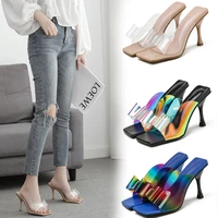 versitile 2020 new style bow high heel thin heeled transparent women square toe slippers