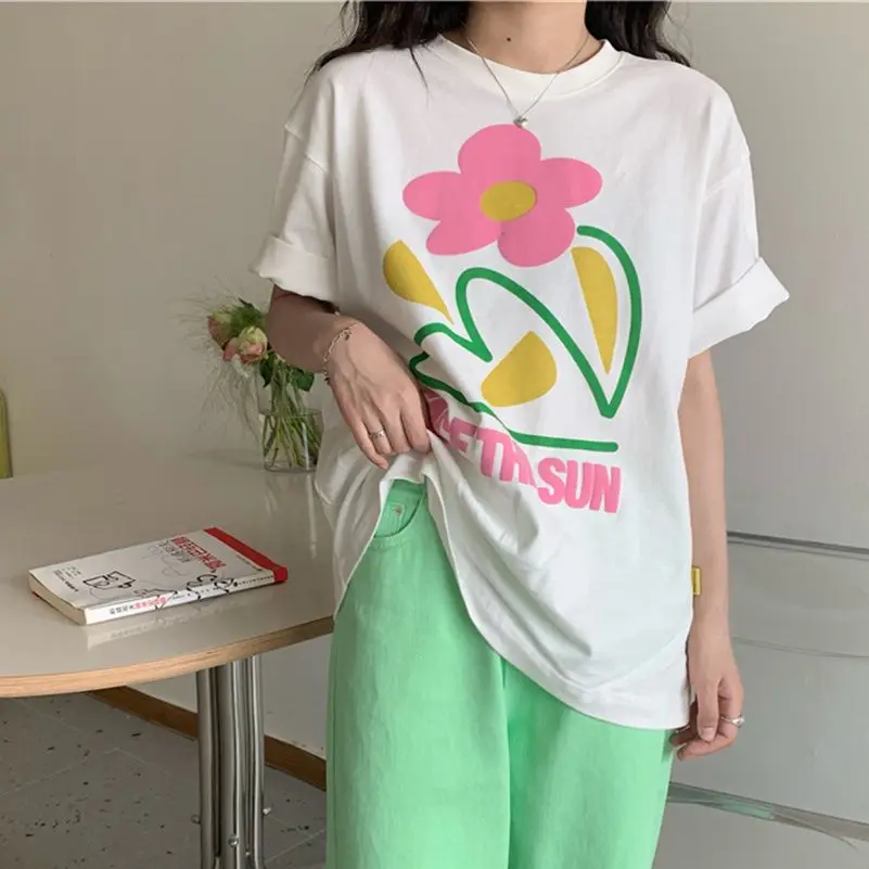 

HziriP 2021 Sweet Couple T-Shirts Florals Stylish Chic Femme Hot Sale Cotton New OL Loose All Match Casual Printing Women Tops