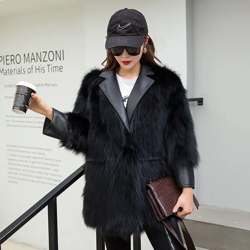 

2020 New Fashion Women's Winter Sheep Shearing Female Natural Real Fox Fur Collar Genuine Leather Elegant Chic Jacket Y35