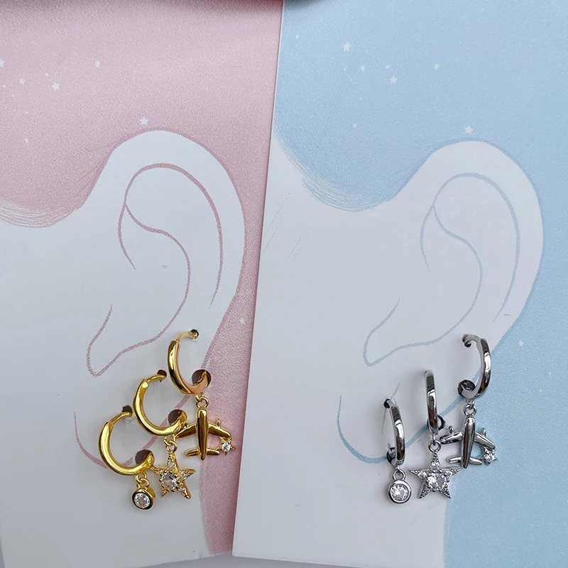 

925 Sterling Silver Fashion Zircon Pendant Hoop Earrings Earring airplane sun key Drop Earring For Women Gift Fashion Jewelry