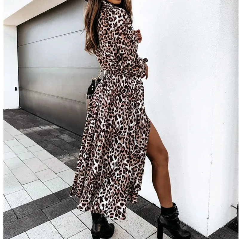 

2021 Women Spring Puff Sleeve Maxi Long Sundress Fashion Sexy Leopard Printed Party Dress V Neck High Waist Holiday