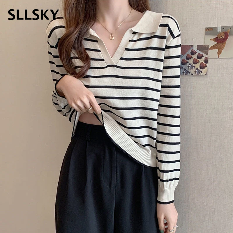 

SLLSKY Spring Thin Style Striped Pullover Sweater Women Long Sleeve Knitted Jumpers Vintage Turn-down Collar Short Pullover