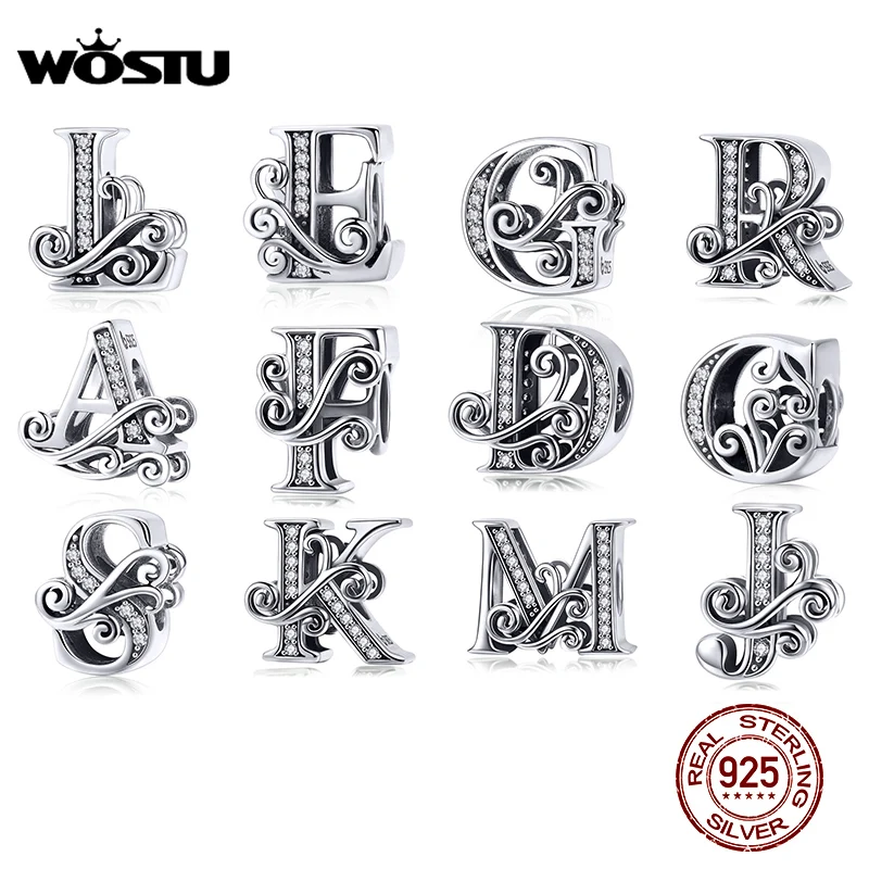 WOSTU-A-Z de Plata de Ley 925 para mujer, cuentas deslumbrantes de 26 letras, compatibles con Pulsera Original, joyería CTC030