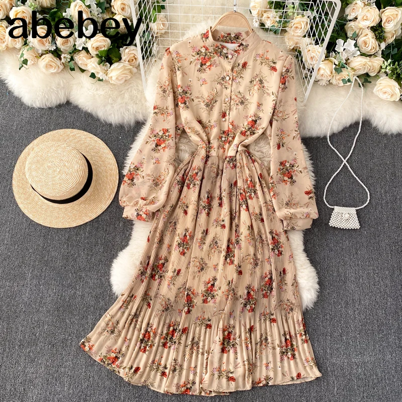 

Women French Floral Dress O Neck Long Sleeve Button Ruched Ruffles Dress Autumn Boho Print A-line Streetwear Dresses