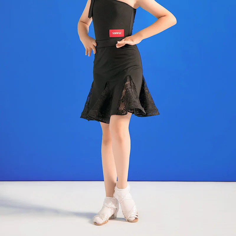 

New Latin Dance Costumes For Kids Black Lace Practice Clothes Girls' Latin Competition Skirt Rumba Tango Samba Skirt VO1295