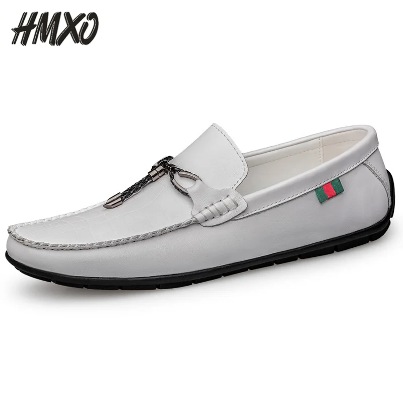 

Низкие мужские кожаные туфли HMXO, повседневные Прошитые туфли на плоской подошве, круглый носок, британский стиль, белые однотонные туфли, об...