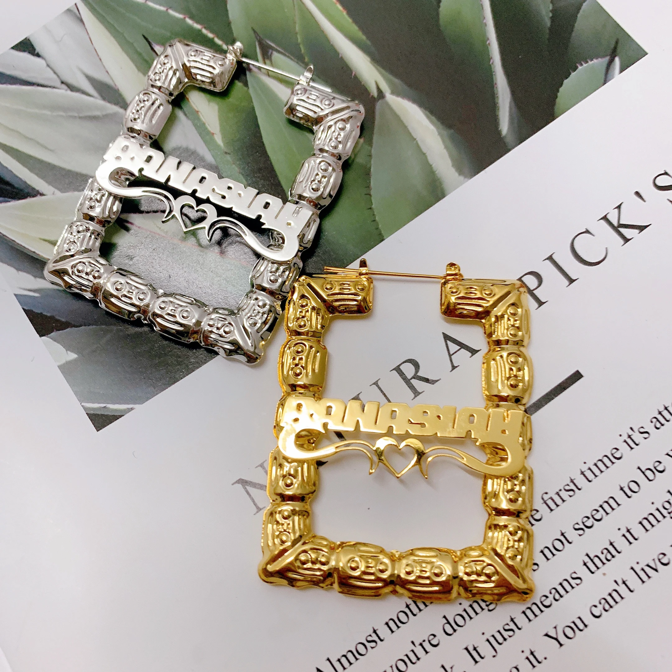 

Bamboo Earrings Name Bamboo Earrings Custom Trapezoid Hoop Bamboo Name Earrings Letter Big Personalised Name Earrings Women Gift