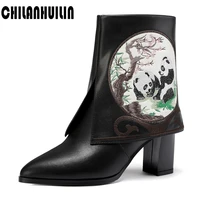 chinese style panda embroidery high heel shoes woman ankle boots autumn winter leather shoes women dress pumps thick high heels