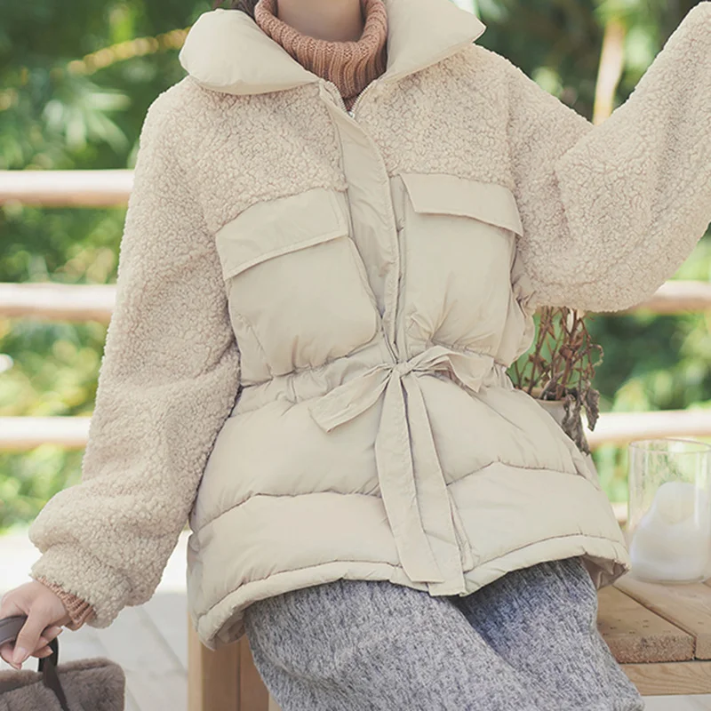 

Winter Korean Lapel Lamb Wool Jacket For Women Y2K Multi Pocket Puffer Girls Thick Warm Spliced Plush Female Chic Outwear