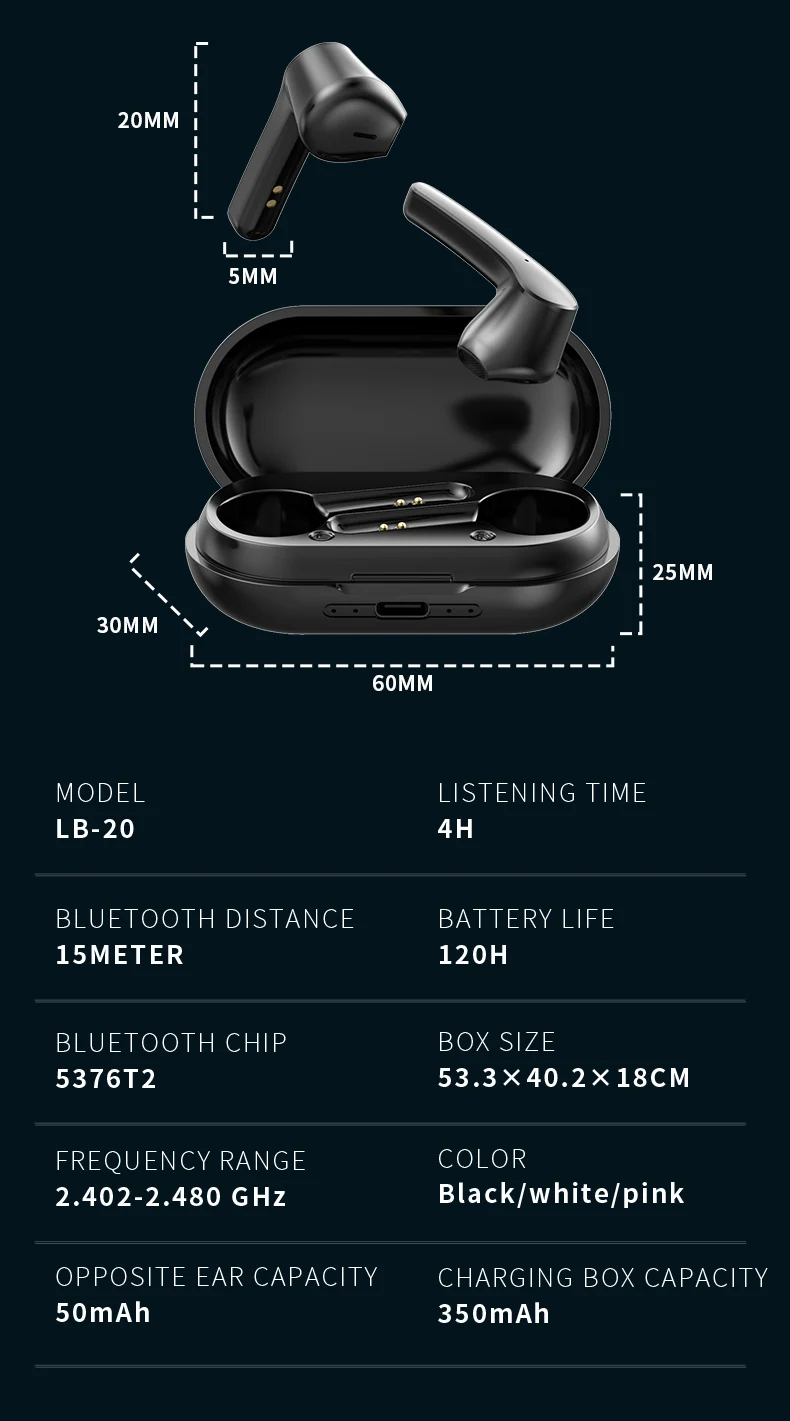 

Mini Earbuds TWS Earphone LB-20 Bluetooth-compatible 5.0 Wireless Headset Waterproof