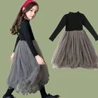 Винтажное зимнее танцевальное платье для девочек, рождественские детские сетчатые платья принцессы, однотонная детская одежда с длинным рукавом для девочек 4, 5, 7, 9, 11, 13 лет