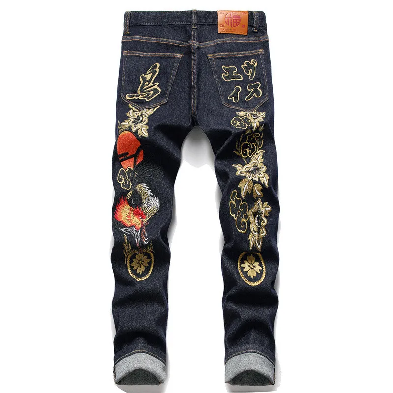 

Fashion Ebroidered Jeans Pants For Men Straight Fit Denim Bottoms With Embroidery Japanese Style Cowboy Trousers