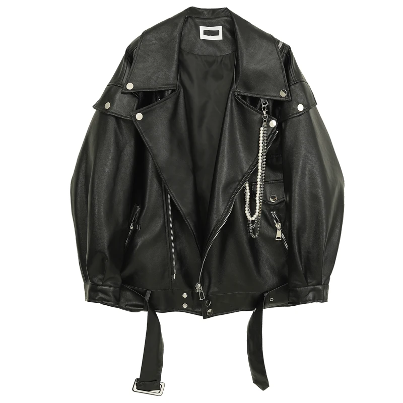 

Женское кожаное пальто SuperAen, весна-осень 2021, новая однотонная мотоциклетная и Байкерская свободная Черная куртка с жемчужной цепочкой