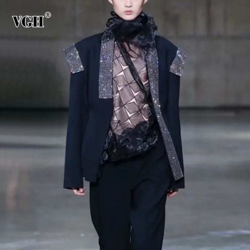 

VGH Patchwork Diamond Black Blazer For Women Notched Long Sleeve Casual Blazers Female Fashion New Clothing 2021 Spring Style
