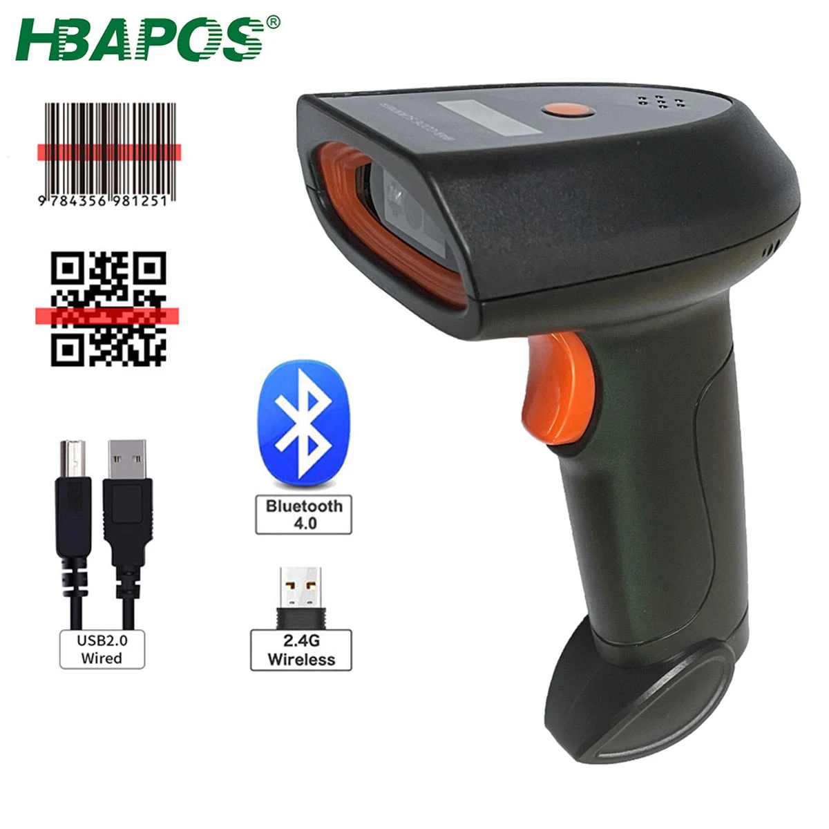

Беспроводной сканер штрих-кода HBAPOS, Bluetooth 3 в 1, 1D 2D, считыватель QR-кода, проводной дисплей, голосовое напоминание о питании от аккумулятора