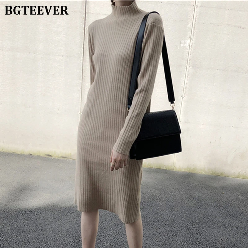 Элегантное вязаное платье Для женщин на осень с высоким плотно облегающим шею