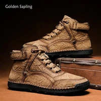 golden sapling vintage mens boots genuine leather winter shoes fashion men boot with plush warm casual shoes retro man footwear