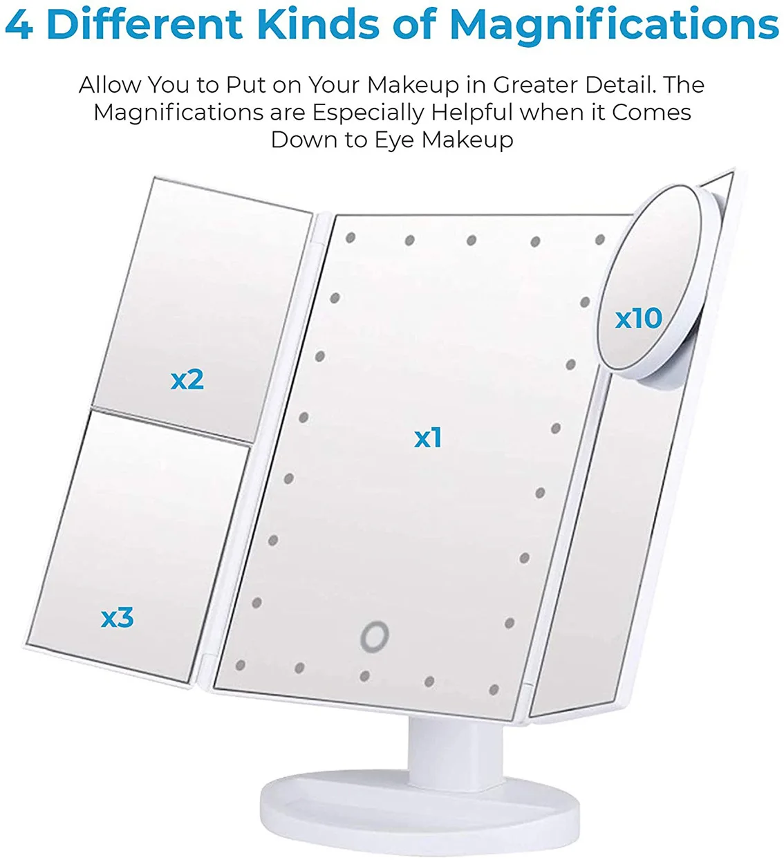 

Tri-fold LED makeup mirror with 22 lights, desktop makeup mirror, 1x / 2x / 3x magnification, 180Â° rotation, touch dimmer