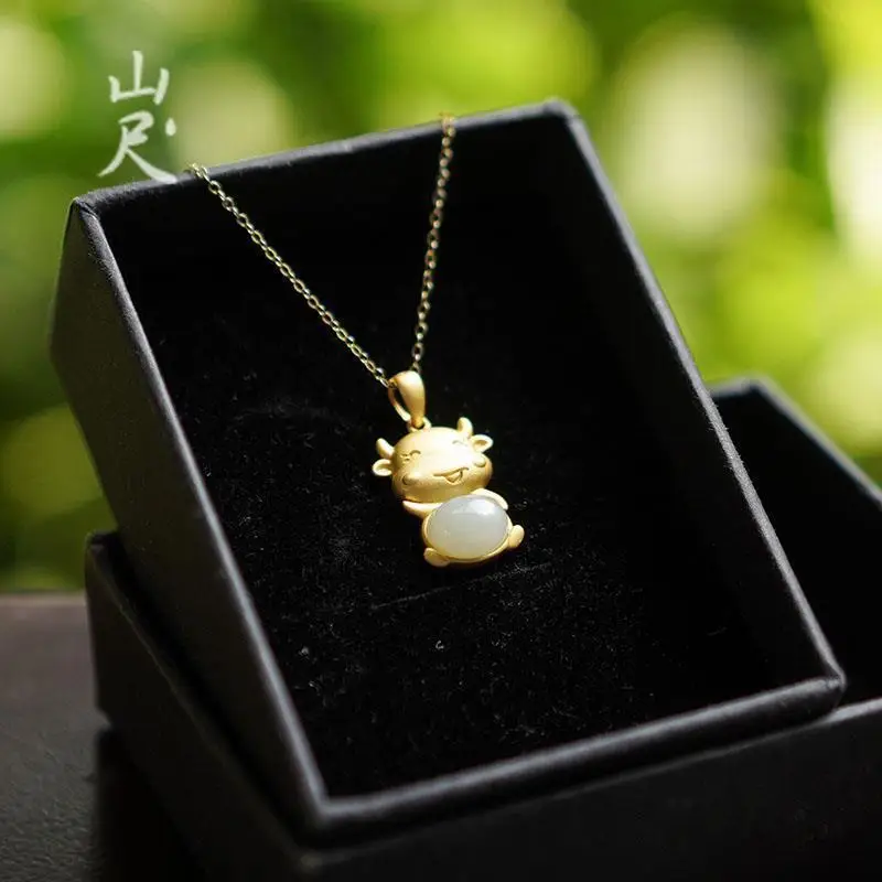 

Jade Cattle Pure Natural Hetian Jade White Jade Cute Calf Necklace All-Match Pendant S925 Sterling Silver Grandeur Design Gift