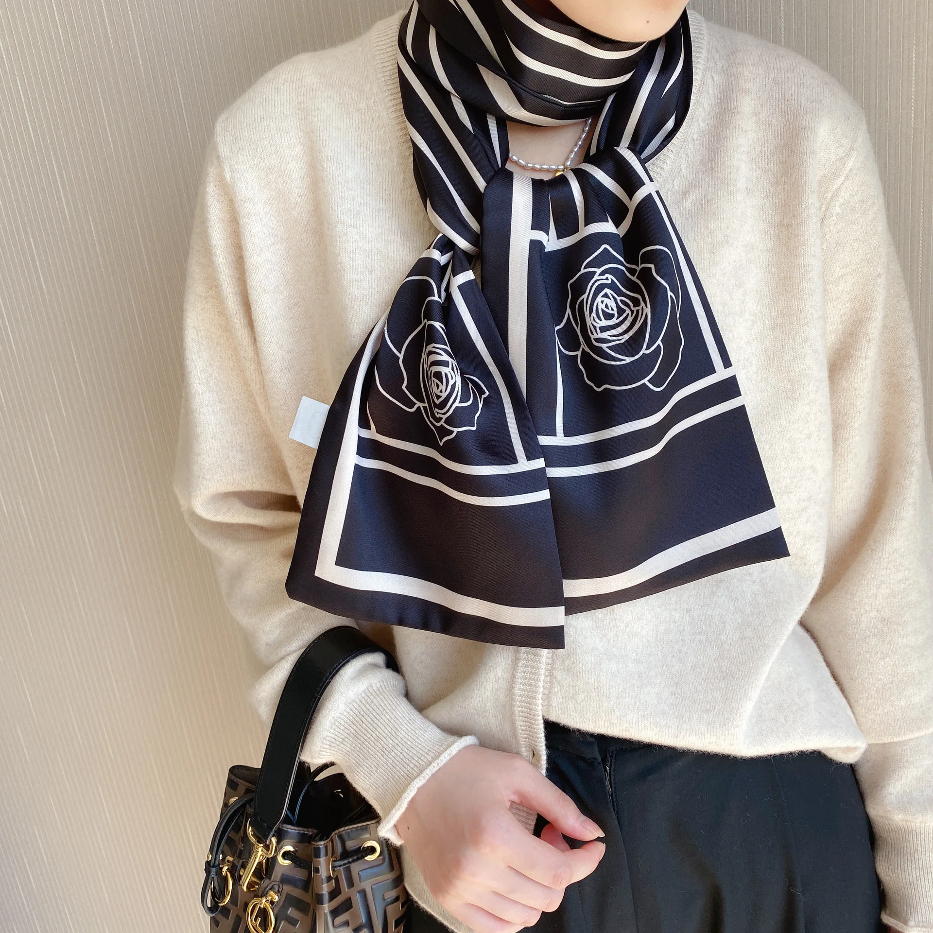 

Шелковый шарф Hijab, женский модный длинный шарф в полоску с цветами, Модный женский платок