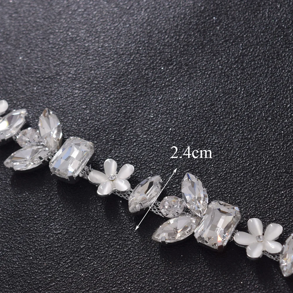 

5yards/lot exquisite alloy cat eye flower trimming for wedding dress belt sash applique sew on crystal rhinestone glass