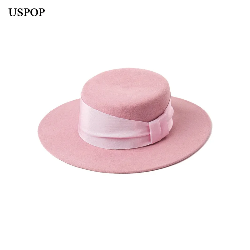 USPOP, новинка, Осень-зима, плоский верх, шерсть, fedoras, для женщин, Широкий Бант, лента, шерсть, шапки, модные, женские, одноцветные, толстые, шерстяные шапки