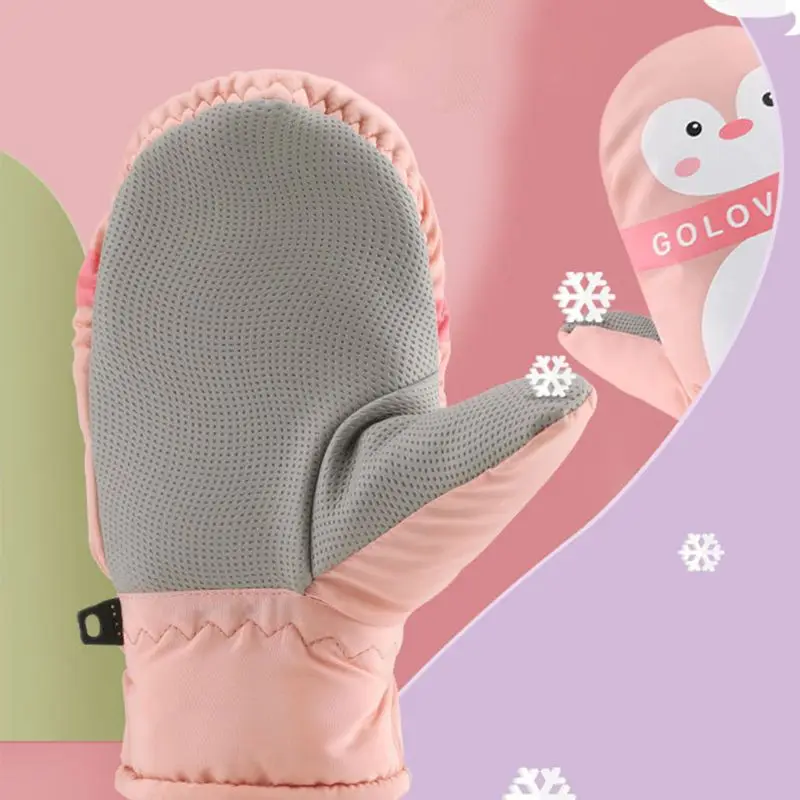 

Kids Boy Girl Cartoon Penguin Waterproof Gloves Double Layer Ribbed Cuff Adjustable Anti-Slip Winter Ski Windproof Mittens 7-12T