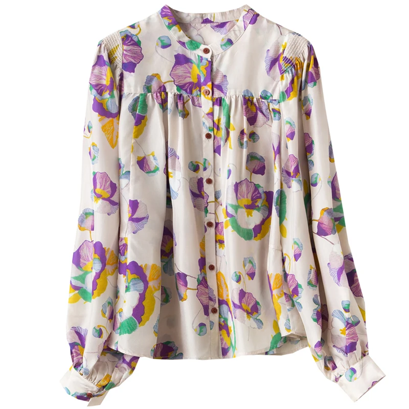 Женская винтажная блузка [ElfStyle] с цветочным принтом шелковая рубашка воротником