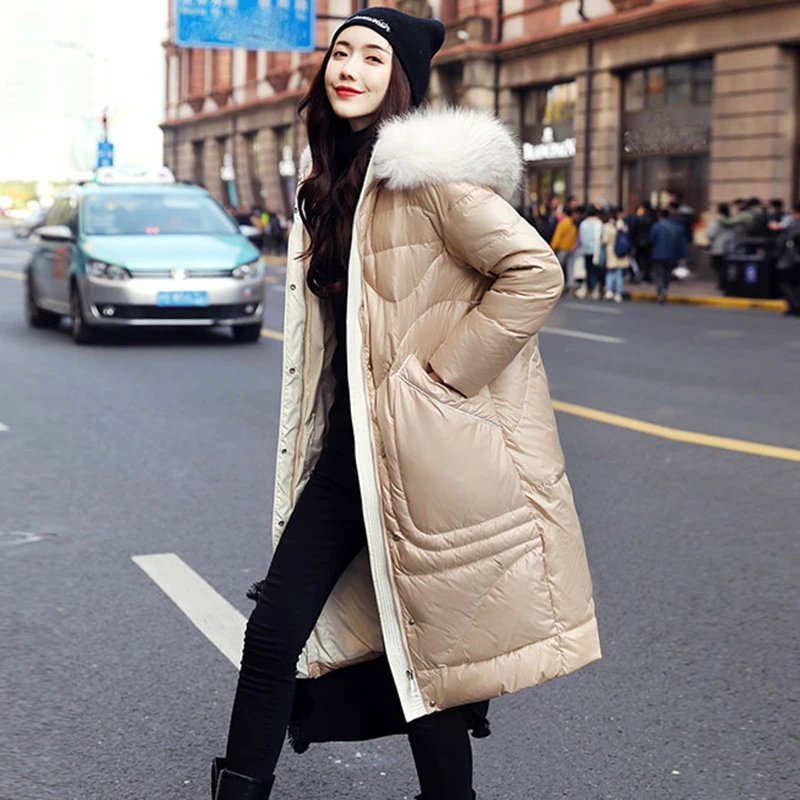 Женский пуховик на 90% белом утином пуху толстая Длинная зимняя куртка с капюшоном
