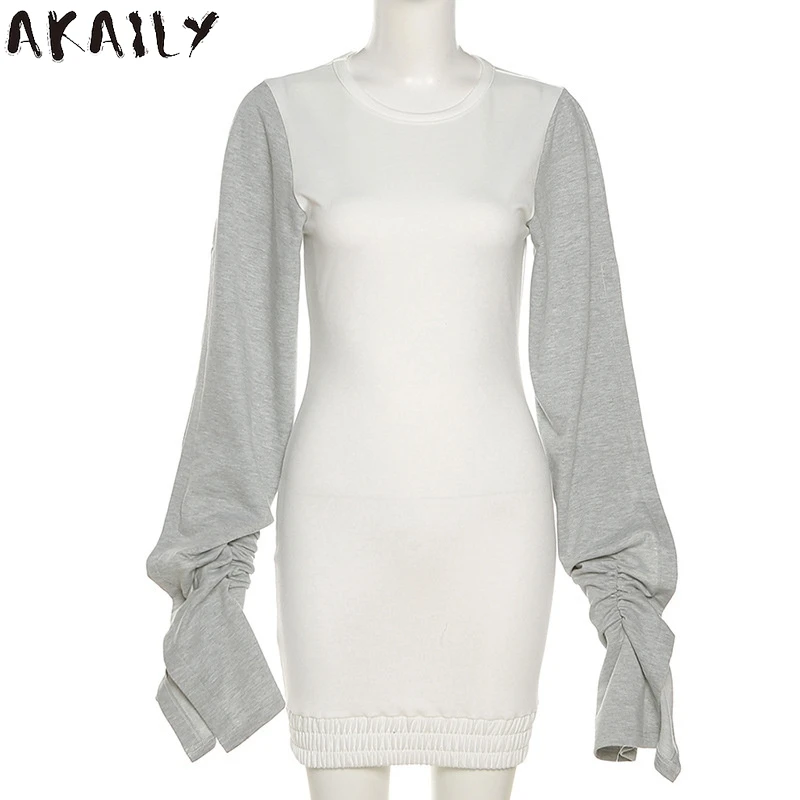 

Akaily Summer Streetwear Patchwork Bodycon Dresses For Women Black O Neck Puff Sleeve Mini Dress Female Slim Ruched Casual Dress
