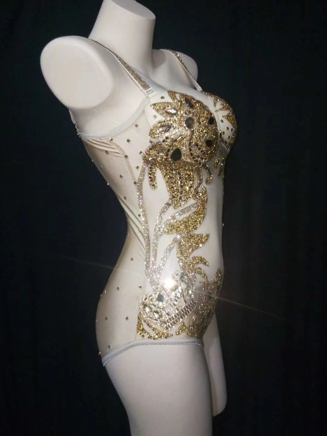 Gold Sequined Pearls Beading Mesh See Through Bodysuit for Women Sexy Spaghetti Strap V Neck Sleeveless Slim Women Stage Costume