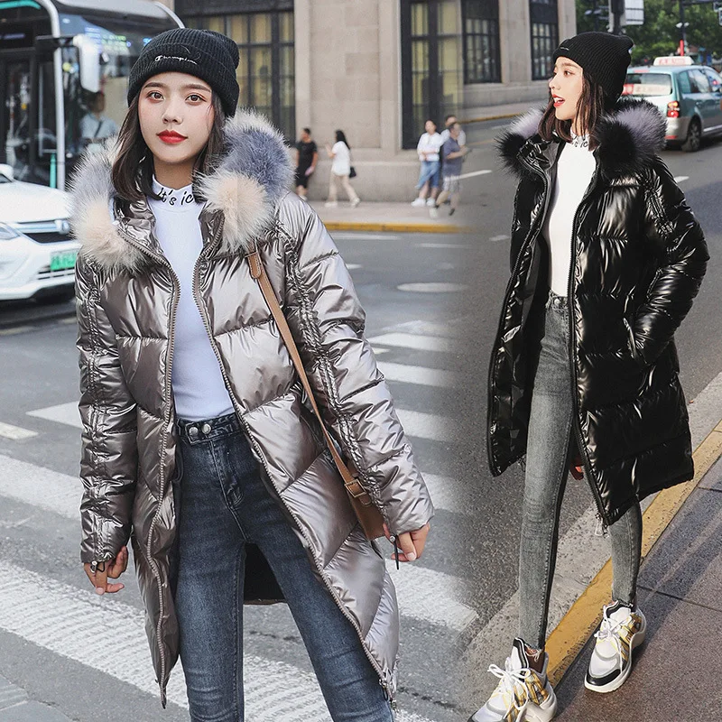 

Luck A Chic Fur Collar Glossy Hooded Winter Down Coat Women Oversize Jacket Thick Warm Cotton Padded Wadded Parkas Outwears