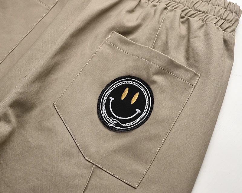 

High Street Smiley Embroidery Badges Baggy Pants Men and Women Casual Loose Straight Overalls Drawstring Hip Hop Track Pants