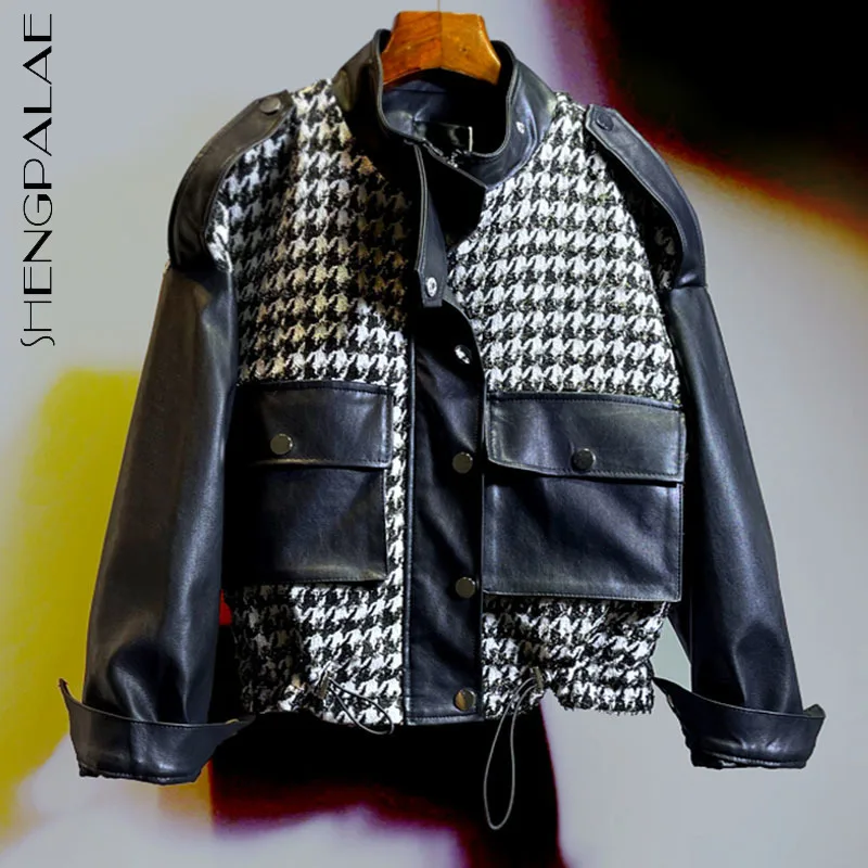 

SHENGPALAE Fashion Plaid Spliced PU Leather Jacket Women's Autumn 2021 New Stand Collar Loose Long Sleeve Short Coat Female Tide