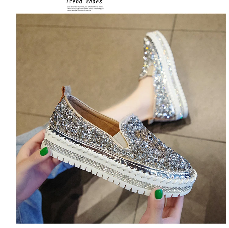 

Flat with Shoes Women Men Flats Sequined Cloth Revits Couple Platform Woman Shoes Bling Crysta Black Flat Heels Shoe 35-39