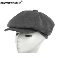 showersmile woolen harlem newsboy cap for men panel cap solid black ivy flat cap male winter mens hats