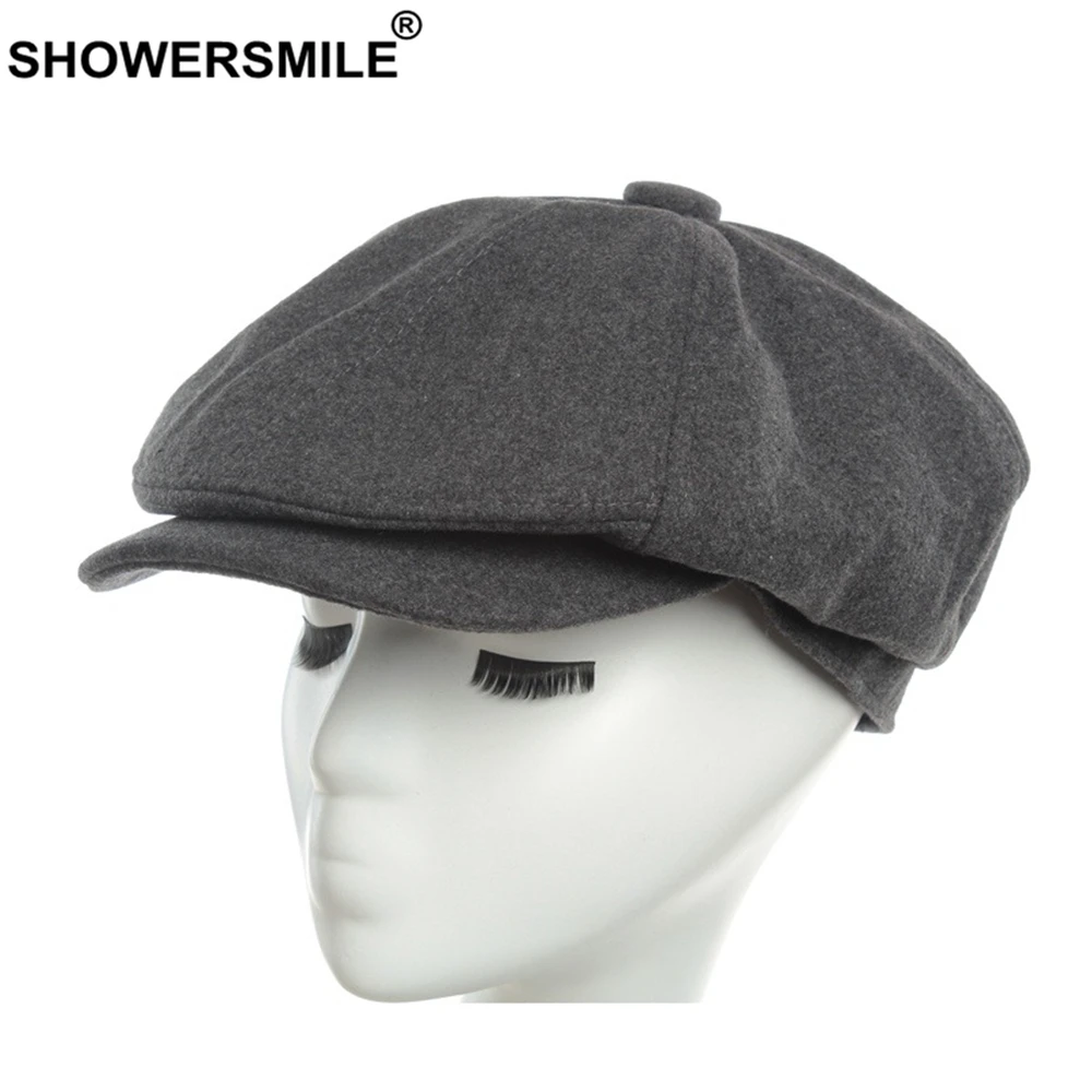 SHOWERSMILE Шерстяная кепка для газетчика Harlem мужчин с панелью однотонная черная