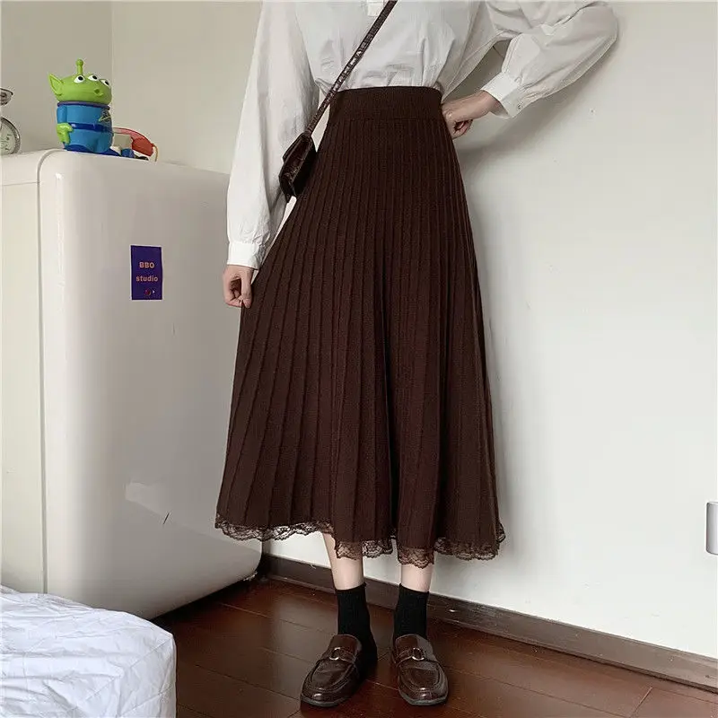 

HOUZHOU Knitted Lace Patchwork Brown Long Skirts Autumn 2021 Korean Style High Waist Elegant A-line Midi Skirt for Girls Causal